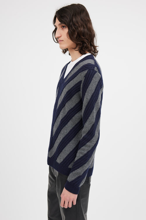 Prada Navy & Grey V-Neck Patterned Sweater