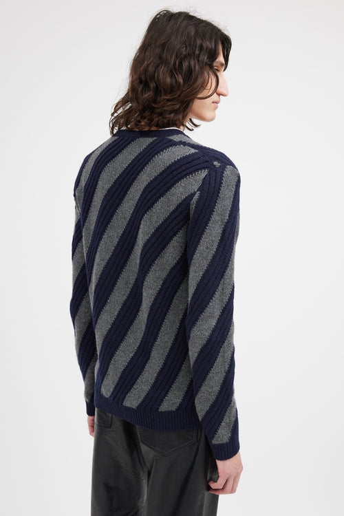 Prada Navy & Grey V-Neck Patterned Sweater