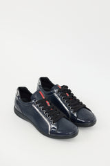 Prada Navy Leather & Patent Lace Up Sneaker