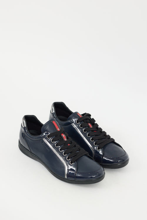 Prada Navy Leather & Patent Lace Up Sneaker