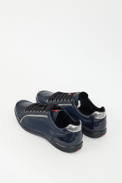 Prada Navy Leather & Patent Lace Up Sneaker
