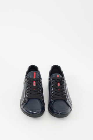 Prada Navy Leather & Patent Lace Up Sneaker
