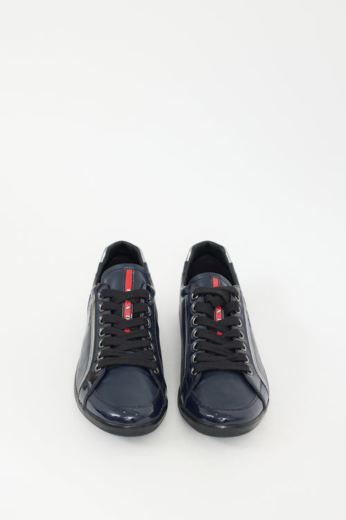 Prada Navy Leather & Patent Lace Up Sneaker