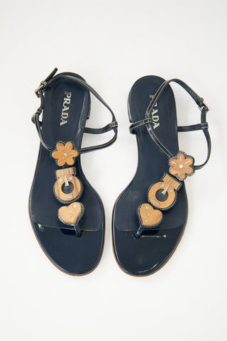 Prada Navy Patent Leather & Wood Embellished Sandal