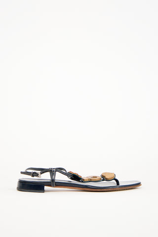 Prada Navy Patent Leather & Wood Embellished Sandal