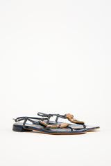 Prada Navy Patent Leather & Wood Embellished Sandal