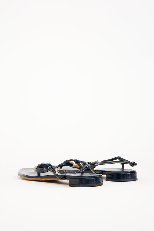 Prada Navy Patent Leather & Wood Embellished Sandal