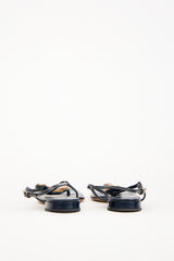 Prada Navy Patent Leather & Wood Embellished Sandal