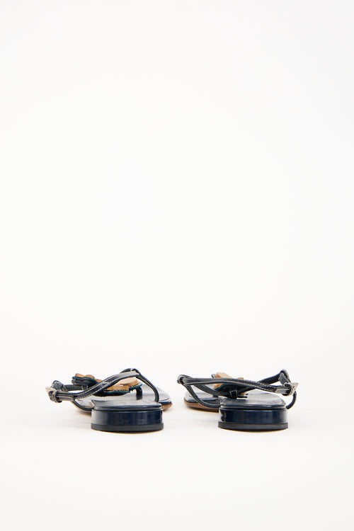 Prada Navy Patent Leather & Wood Embellished Sandal