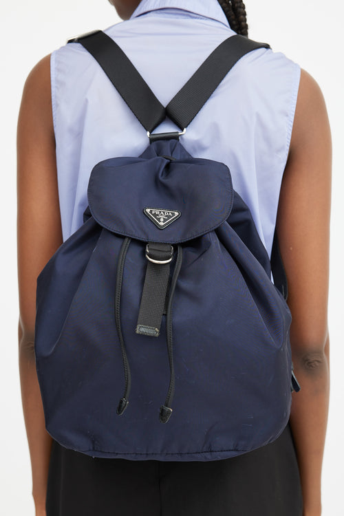 Navy Nylon Drawstring Backpack