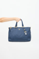 Prada Navy Pebbled Leather Tote Bag