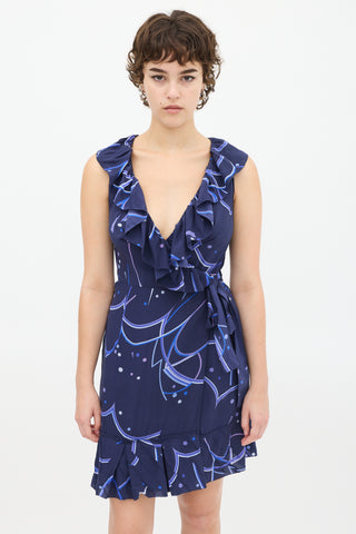 Prada Navy Silk Printed Flounced Wrap Dress