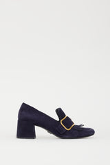 Prada Navy Suede & Gold Buckle Pump