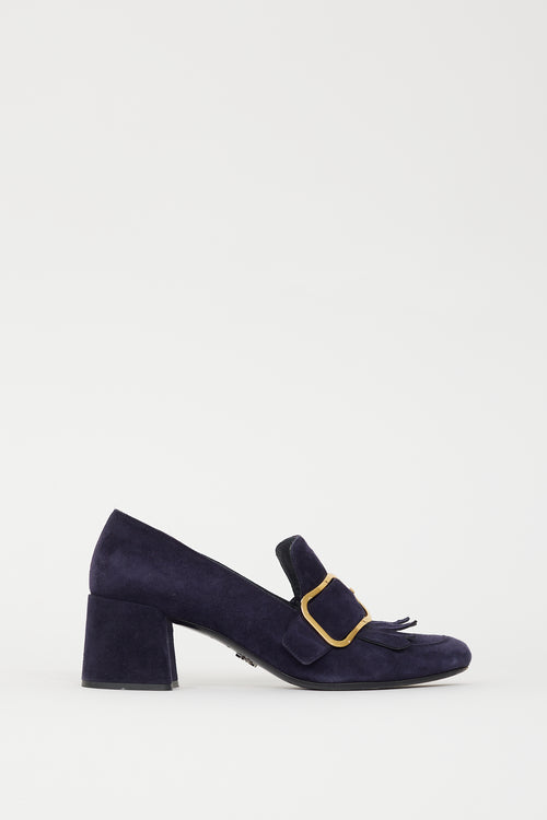 Prada Navy Suede & Gold Buckle Pump