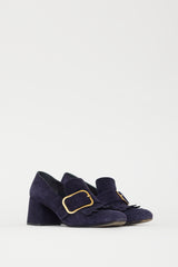 Prada Navy Suede & Gold Buckle Pump