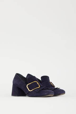 Prada Navy Suede & Gold Buckle Pump