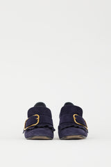 Prada Navy Suede & Gold Buckle Pump