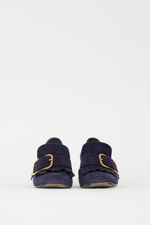 Prada Navy Suede & Gold Buckle Pump