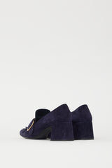 Prada Navy Suede & Gold Buckle Pump