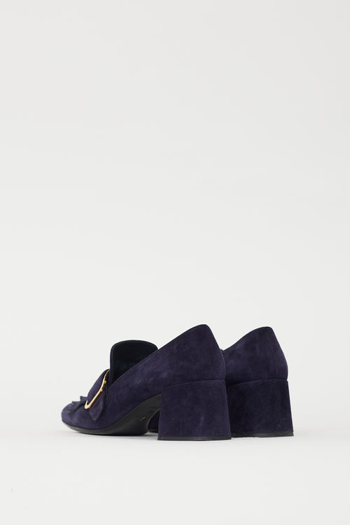 Prada Navy Suede & Gold Buckle Pump