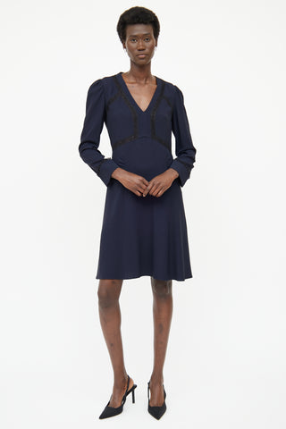 Prada Navy Ruched Lace Panel Long Sleeve Dress