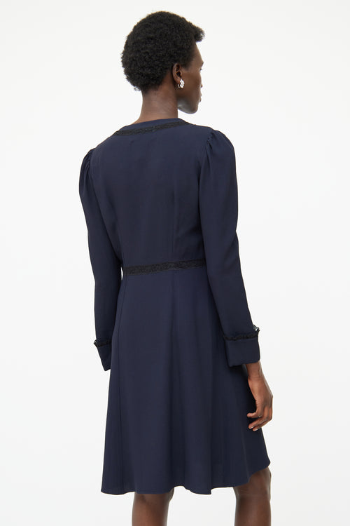 Prada Navy Ruched Lace Panel Long Sleeve Dress