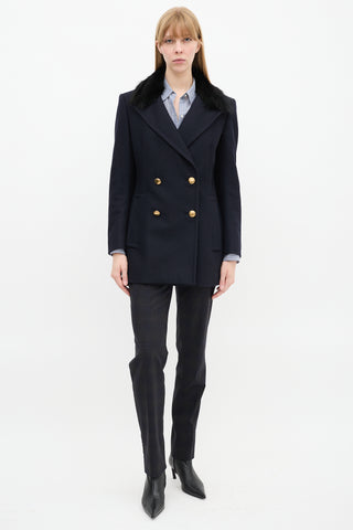 Prada Navy Wool & Nylon Fur Collar Pea Coat