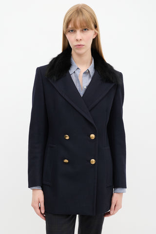 Prada Navy Wool & Nylon Fur Collar Pea Coat