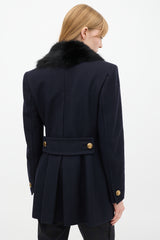 Prada Navy Wool & Nylon Fur Collar Pea Coat