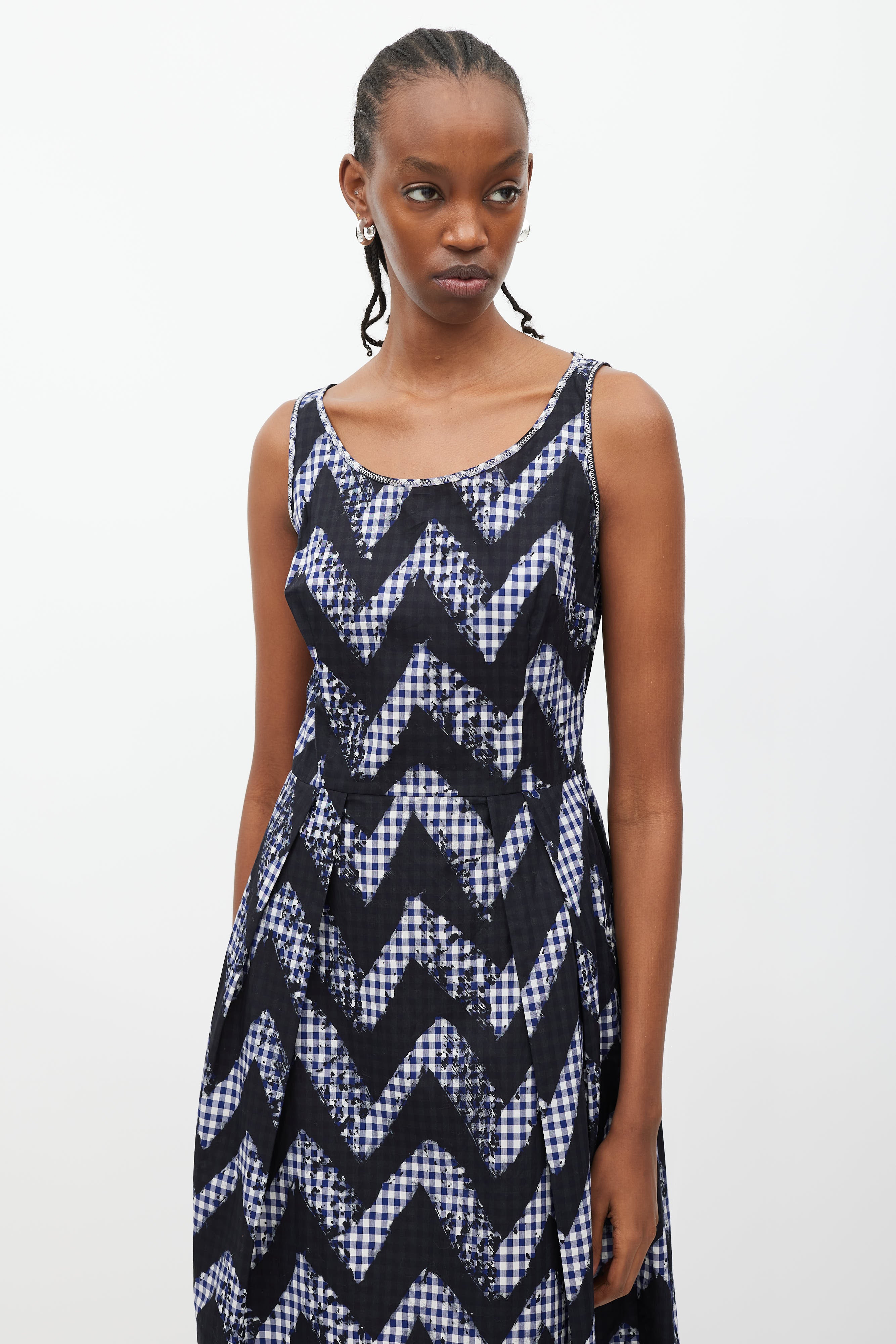 Prada // Navy & White Gingham A-Line Dress VSP Consignment Prada // Navy & White Gingham A-Line Dress VSP Consignment