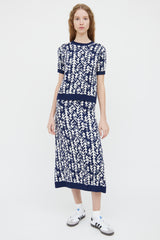 Prada Navy & White Wool Blend Short Sleeve Top