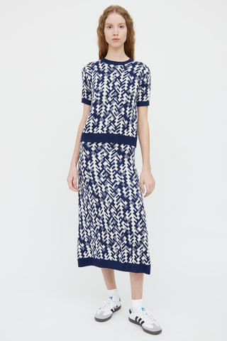 Prada Navy & White Wool Blend Short Sleeve Top