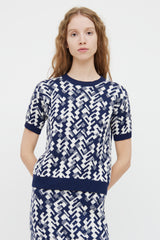 Prada Navy & White Wool Blend Short Sleeve Top