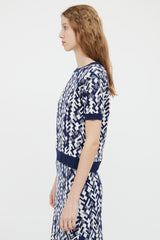 Prada Navy & White Wool Blend Short Sleeve Top