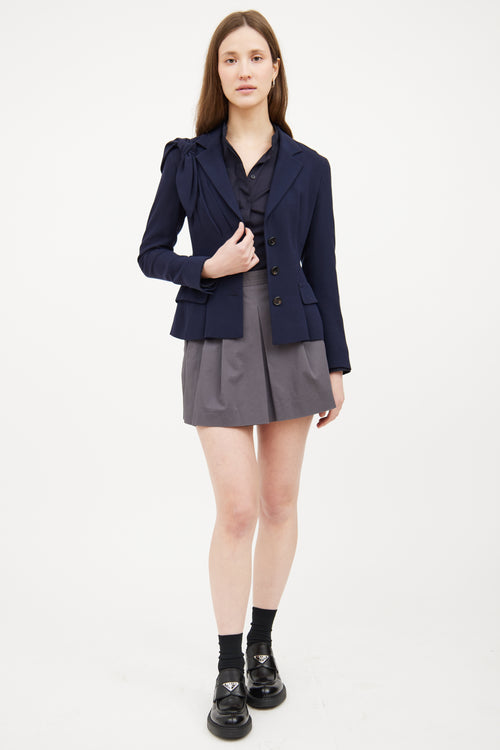 Navy Shoulder Tie Asymmetrical Button Blazer