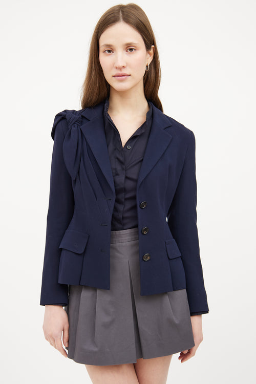 Navy Shoulder Tie Asymmetrical Button Blazer