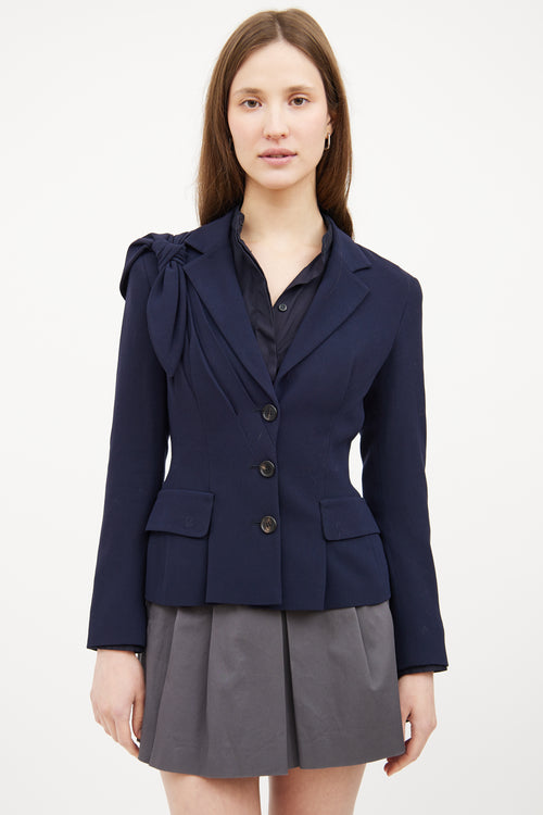 Navy Shoulder Tie Asymmetrical Button Blazer