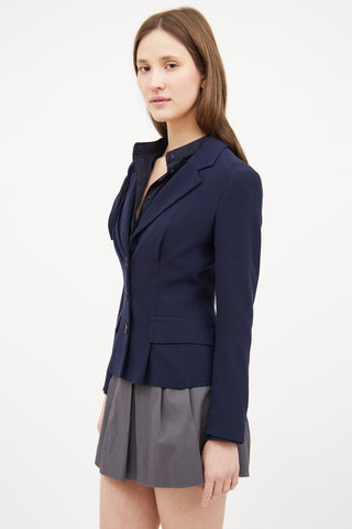 Navy Shoulder Tie Asymmetrical Button Blazer