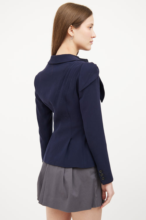 Navy Shoulder Tie Asymmetrical Button Blazer