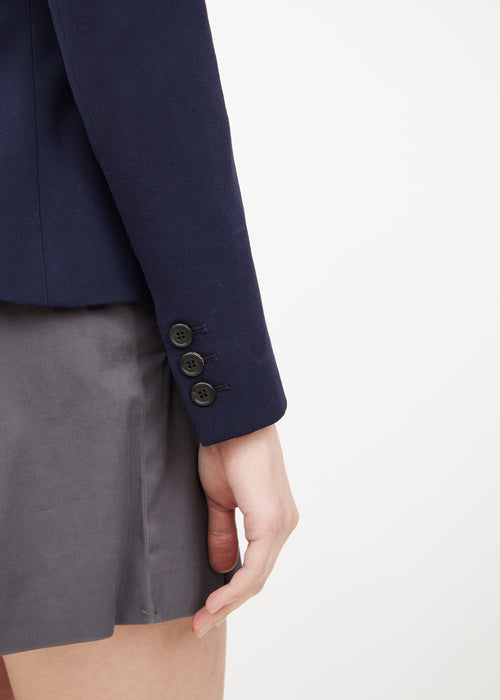 Navy Shoulder Tie Asymmetrical Button Blazer