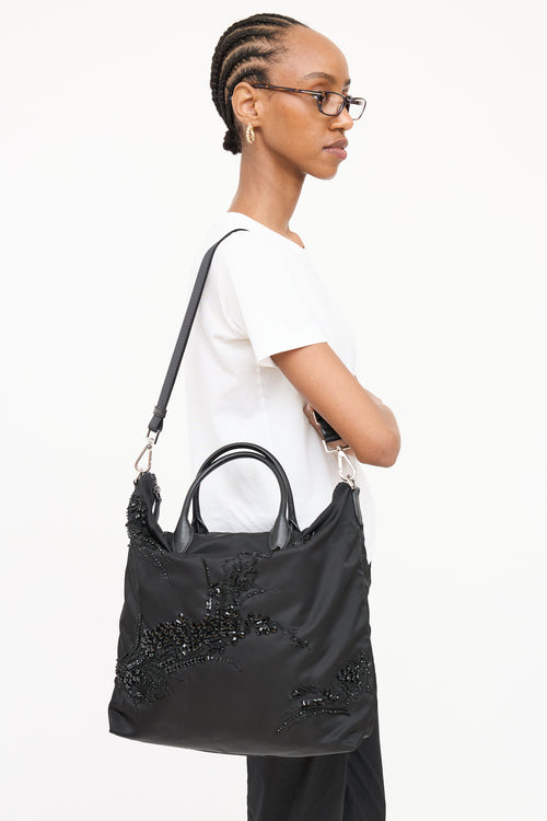 Prada Nylon Ricamo Floral Beaded Tote
