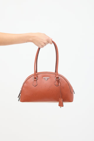 Prada Brown Leather Logo Bowling Bag
