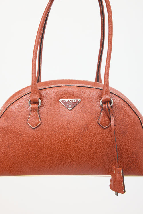 Prada Brown Leather Logo Bowling Bag