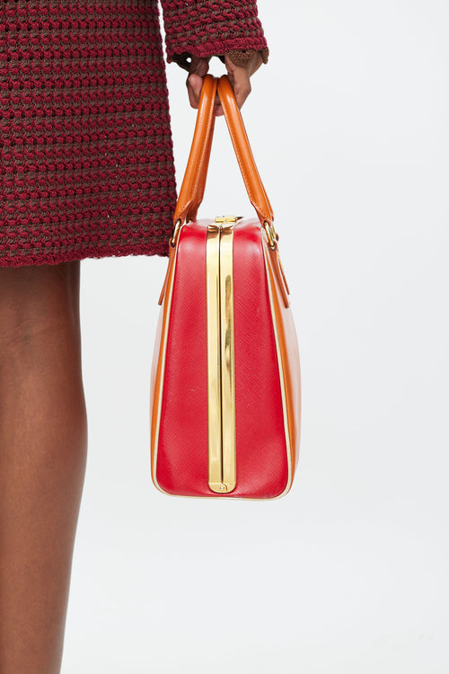 Prada Orange & Red Saffiano Vernice Pyramid Frame Bag