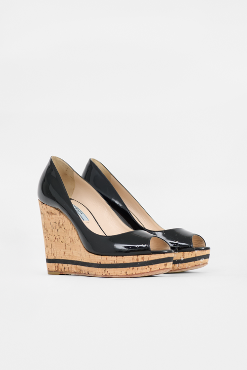 Prada Patent & Cork Wedge Sandal