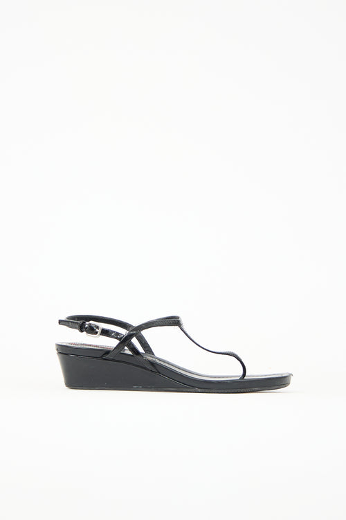 Prada Patent T-Strap Wedge Sandal
