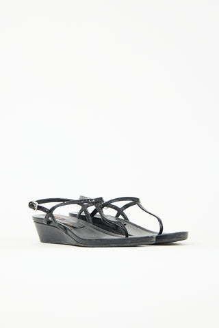 Prada Patent T-Strap Wedge Sandal