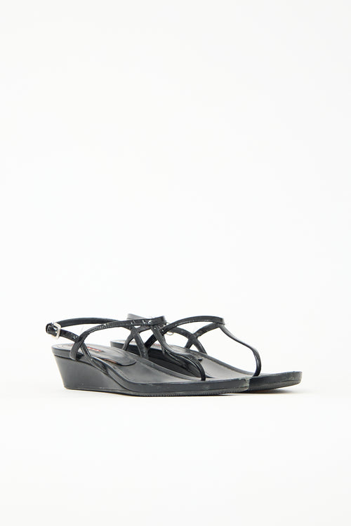Prada Patent T-Strap Wedge Sandal