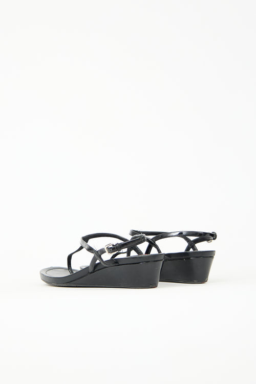 Prada Patent T-Strap Wedge Sandal