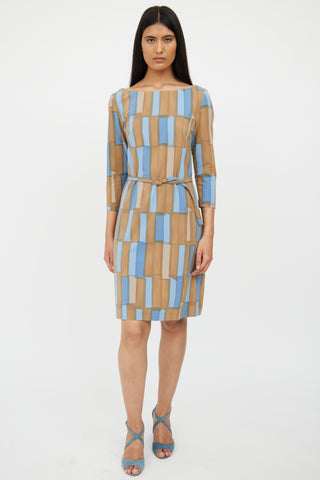 Prada Blue & Brown Belted Pattern Dress